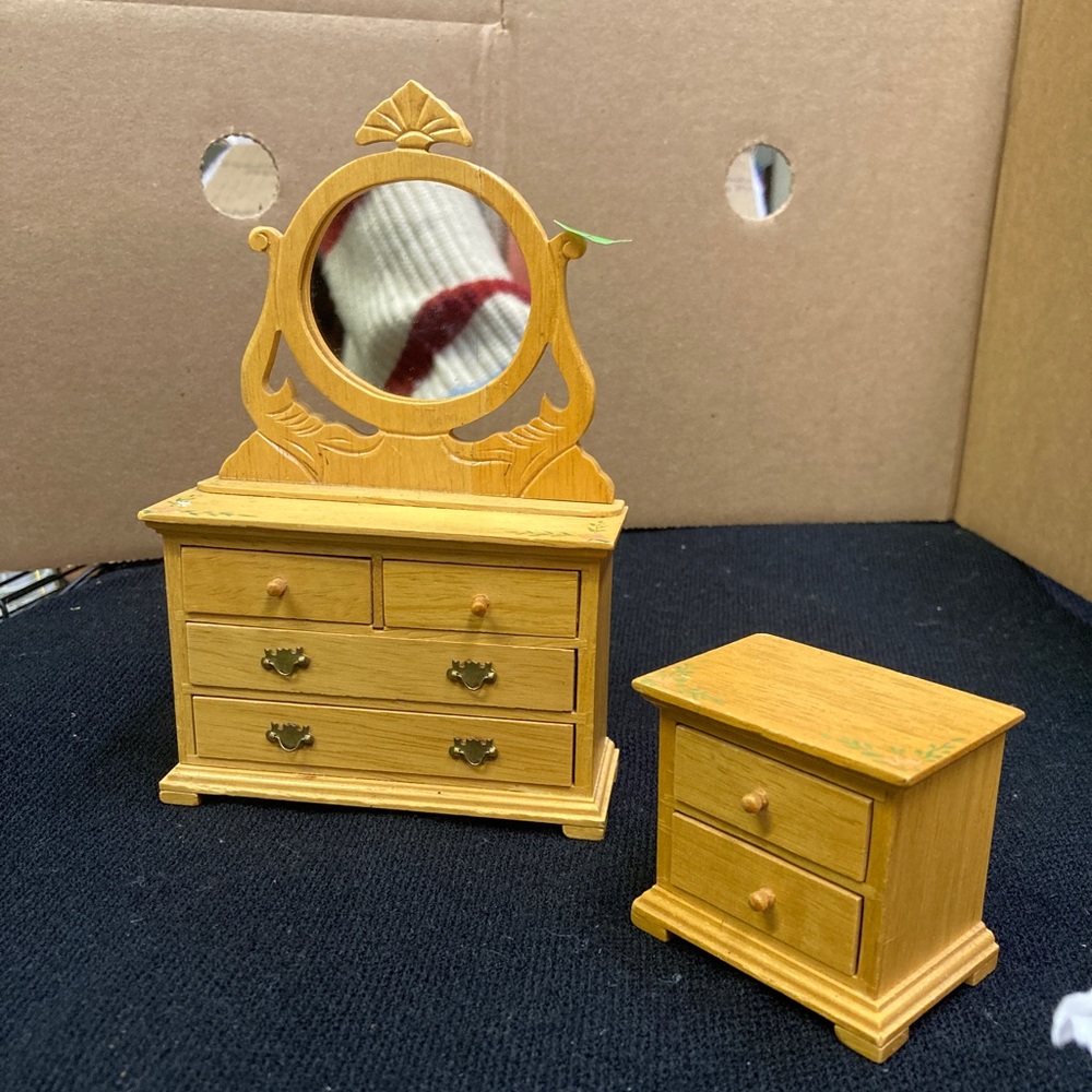 Vintage pre-1980 dollhouse furniture. 1 chest of drawers 1 bedside chest.